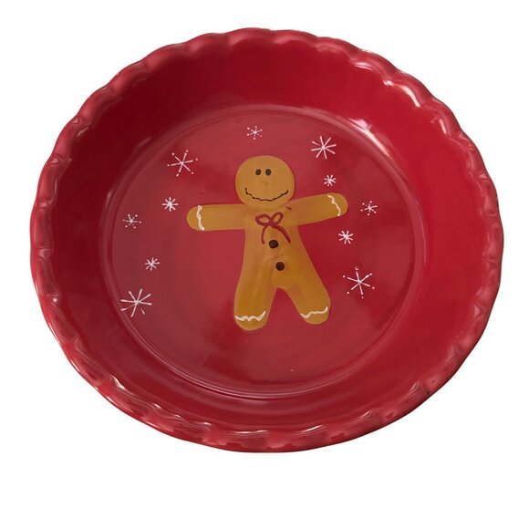 Red Ceramic Pie Dish Gingerbread Man Design Holiday Serving‎ Bakeware 9.5" Round - Picture 1 of 4